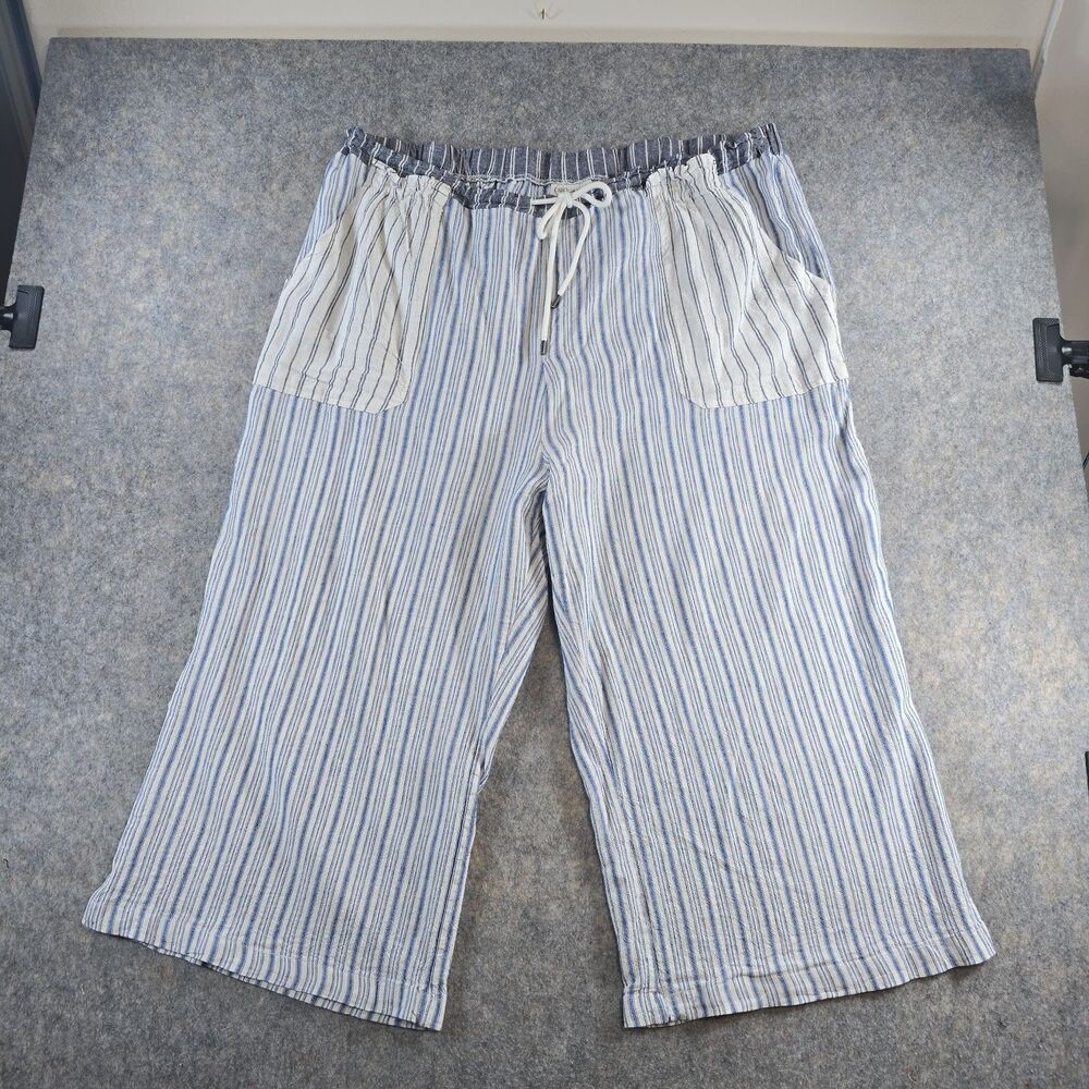 Cato Plus Size 22/24 Womens Wide Leg Linen Blend Crop Capris White Blue Stripe